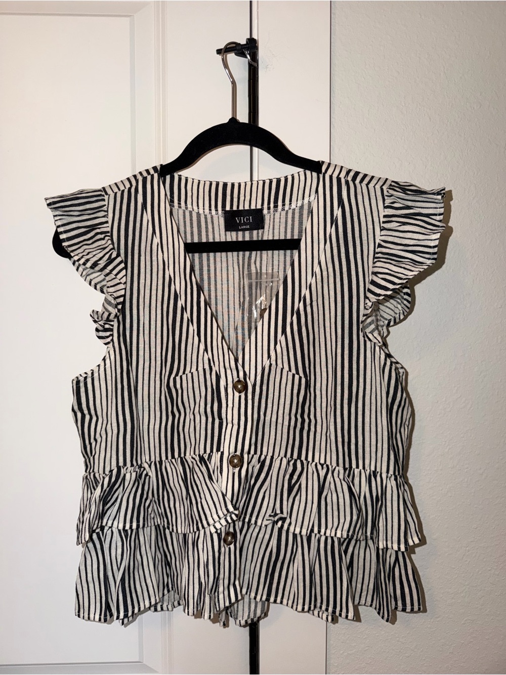Vici Black and White Striped Ruffle Button Front Top